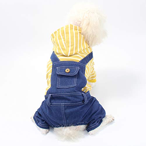 Ranvi Pet Denim Striped Dog Jumpsuit Puppy Cat Hoodie Four-legged Clothes Teddy Sweatshirt Jeans Overalls(Yellow,M)
