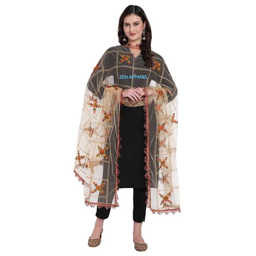 Image of ZEN APPAREL Women's Embroidered Net Dupatta with Lace Borders (Z-101) Premium Net Fabric Golden Aari Work