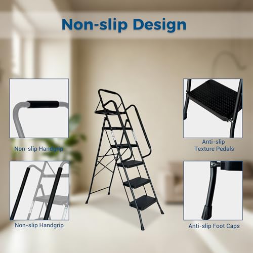 Image of 5 Step Ladder with Handrails, Folding Step Stool with Wide Anti-Slip Pedal, Tool Tray, 500 lbs Capacity Sturdy Steel Ladder, Ladder for Home, Garden, Painting, Outdoor, and Garage, Black