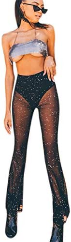 Women Rave Mesh Sheer Pants Flared Bell Bottom Pants for Dance Festival Clubwear Black