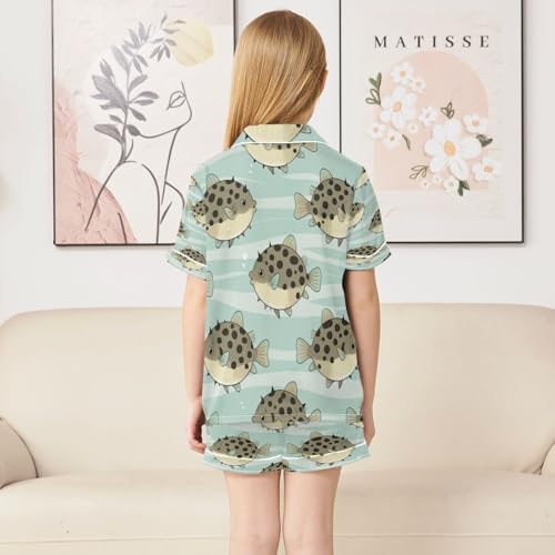 Satin Pajama Sets Short Sleeve Fish Pattern Pufferfish Button Down Silky Nightwear 2 Piece PJS 5-14Y4