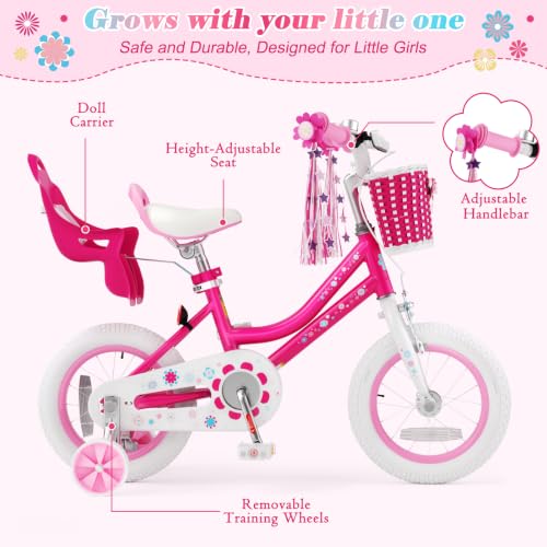 Image of Glaf Toddler Girls Bike for Age 2-12 Years Old | 12 14 16 20 Inch Kids Bike Girls Bicycle with Training Wheels,Basket,Doll Seat,Princess Style Kids Bicycle Gift