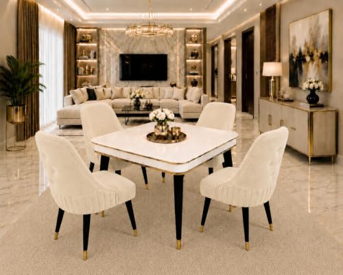 Image of WOODEN SPACE 4 Seater Wooden Dining Table Set | Urban Marble Top Dining Table with Chairs for Dining Room & Kitchen (Modern Grand Aura Beige) (42 x 42 x 30 inch)