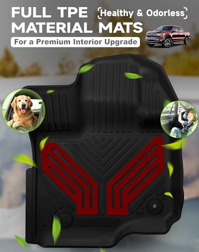 Image of Premium Color TPE Floor Mats for Ford F-150 2015-2026 | Racing Red Wing Design| F150 Lightning 2022-2025 SuperCrew (Rear w /o Fold Flat Storage) | Heavy Duty Car Carpet All-Weather Protection