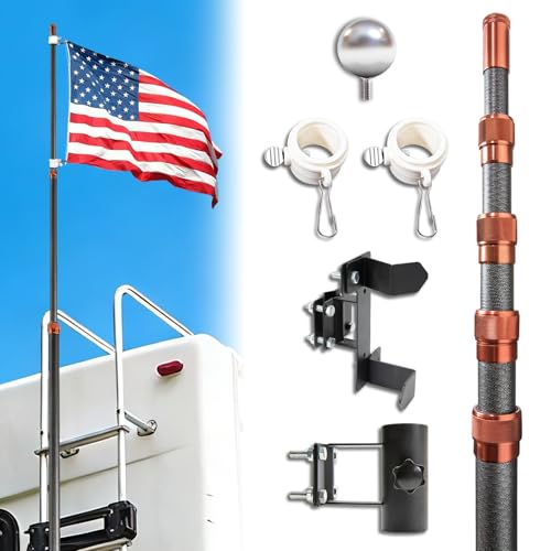 Morzhunis RV Ladder Flag Pole Kit Heavy Duty Flag Pole Kit Ladder Mount Upgraded Metal Hook 20ft Telescoping Carbon Fiber Tailgate Flag Pole with Holder for RV Ladder/Campers/Travel Trailer
