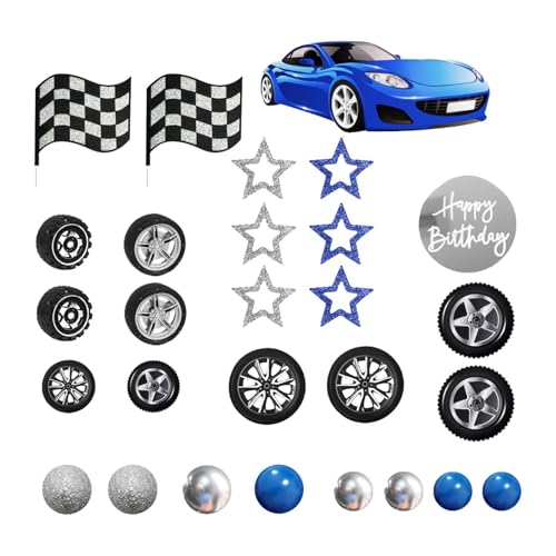 Juego de 28 adornos para tartas de coche de carreras con ruedas azules y estrellas a cuadros para decoración de fiesta de cumpleaños