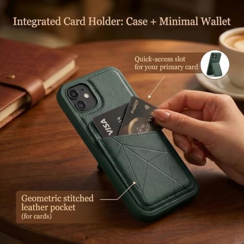 Image of amazon basics Premium Vegan Leather Back Cover with Card Holder and Integrated Mobile Stand for iPhone 11 - Slim Shockproof Wallet Case with Geometric Stitching [Green]
