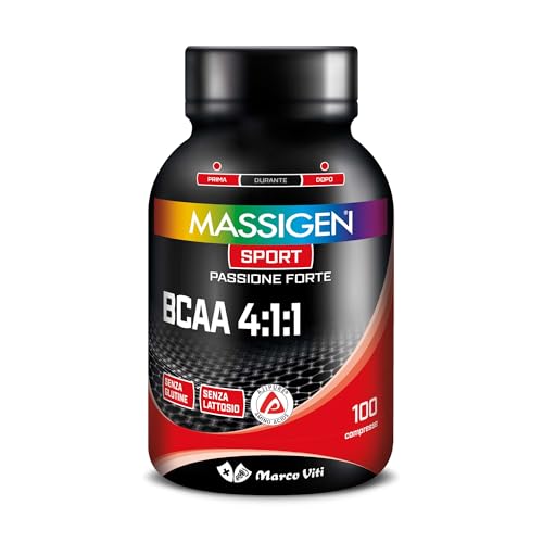 Mass Sport BCAA 4:1:1, 100 Compresse, Integratore di Aminoacidi Ramificati AjiPure® con Vitamina B6, Supporto per Muscoli e Recupero, Senza Glutine e Lattosio