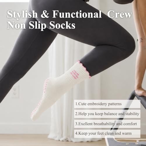 Image of Toes Home Pilates Socks for Women with Non Slip Grippers, Yoga Crew Socks for Barre Hospital Sticky Slipper Socks 4 Pairs