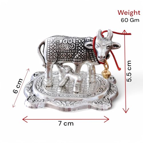 Image of KridayKraft Kamdhenu Cow with Calf Metal Rajasthani Handicrafts Decorative Showpiece for Gifting Anniversary Valentine's Day (Silver)