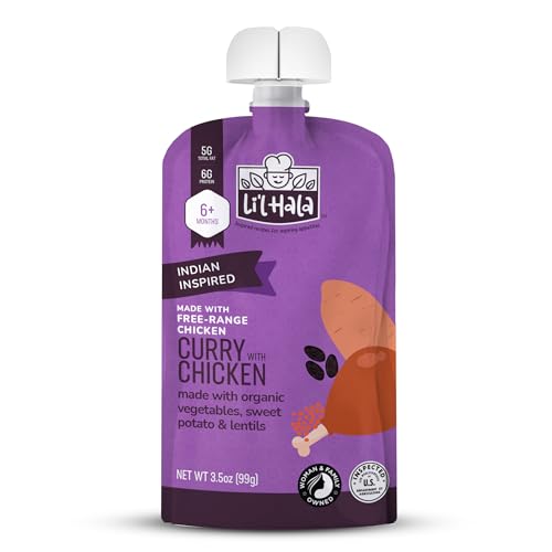 Li’l Hala Indian-Inspired Curry Chicken – Baby or Toddler Food Pouch (6+ Months) – Made with Free-Range Chicken & Organic Vegetables – No Added Hormones– 3.5 oz - Pack of 12 Pouches