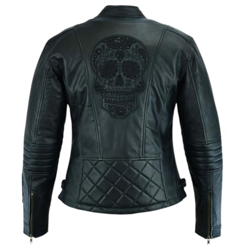 BStar Veste de Moto En Cuir Pour Femme De Touring de Crane Las Tete De Mort blouson ete/hiver de Motard de avec protection veritable Noir (FR/ES,...