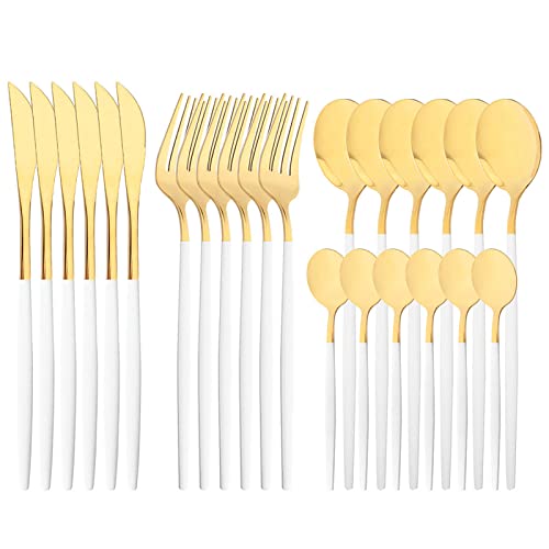 Snplowum Juego de cubiertos de espejo, 24 piezas de acero inoxidable 18/0 con mango blanco, vajilla simple y moderna para fiestas en casa, restaurante, cena de Navidad, servicio para 6 (oro blanco)