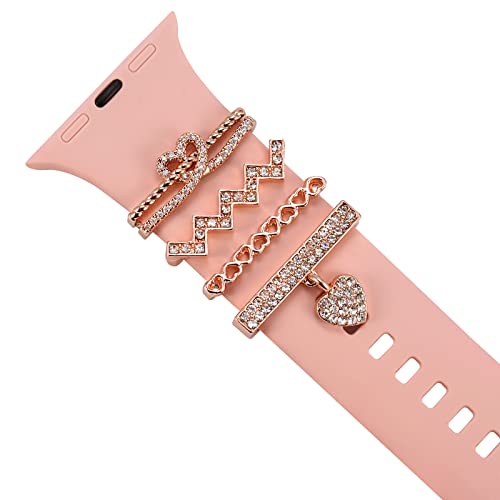 Decorative Heart Rings Loops Compatible with Apple Watch Silicone Bands Charms 45mm 44mm 42mm 41mm 40mm 38mm 7 6 5 4 3 2 1 Diamond Love metal Charms Slide Accessories for iwatch Series 7 6 5 4 3 2 1 (No Watch Band) heart Rose gold