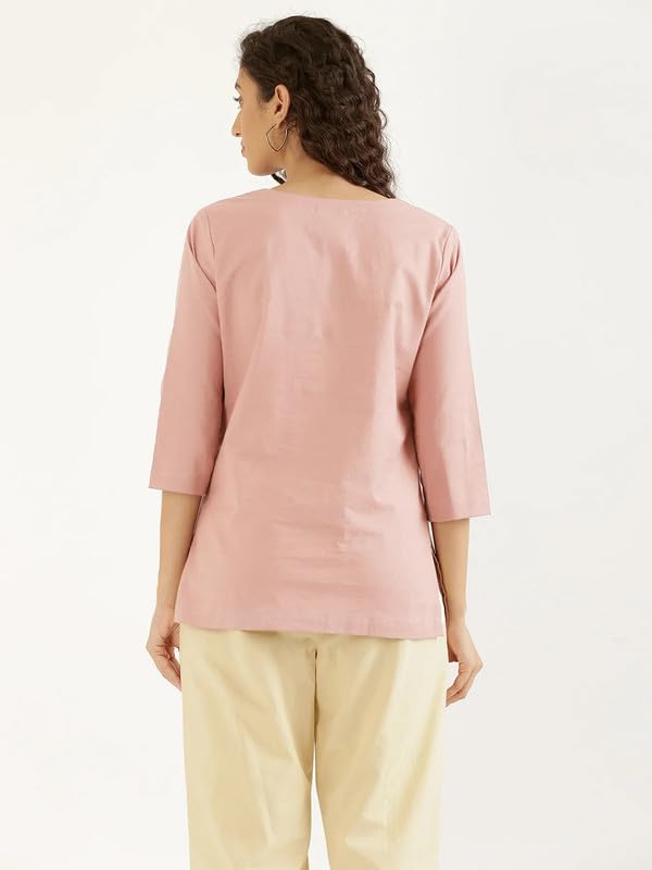 Image of SAADAA Airy Linen Split Neck Short Kurta for Women | Casual & Office Wear | 3 /4 Sleeves, Comfortable Fit | Elegant Top | Lightweight & Breathable Fabric |