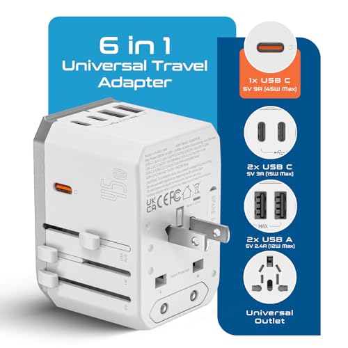 Image of Ceptics 6-in-1 Universal Travel Adapter with 2X USB-A and 3X USB-C, 45W for Global Use, Compatible with US, EU, UK & More, White