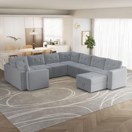 Image of QHITTY Large Sectional Modular Sofa, 9 Seater Accent Couch with Hidden Extra Large Storage Space for Living Room, Grey