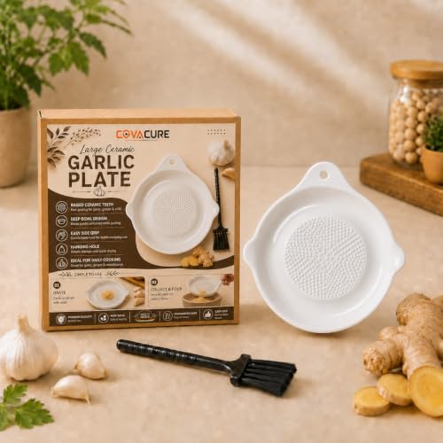 COVACURE Ceramic Garlic Grater Crusher Plate with Brush for Baby Food, Ceramic Grater Plate for Ginger, Garlic, Turmeric, Nutmeg, Fruits & Vegetables Paste, Easy to Clean (6.3 Inch, Large)