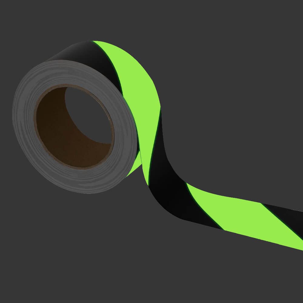 power Warnmarkierungsband, links, gelb nachleucht./schwarz, 5 cm, 16 m/Rolle aus Folie, Art.-Nr. 37971 | Warnband nachleuchtend | Warnband fluoreszierend | Nachleuchtendes Klebeband