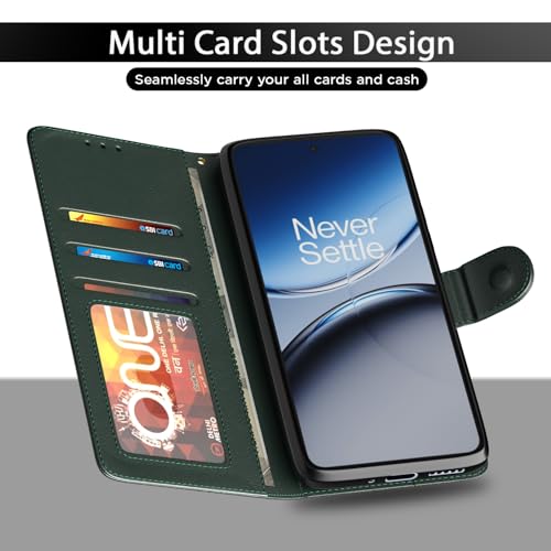 Image of Amazon Basics Flip Cover for OnePlus Nord 5 5G Leather Finish | Wallet Stand and Shock Proof | Inside TPU with Card Pockets | Complete Protection Flip Case (Green)