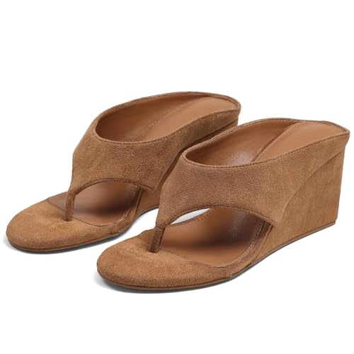Image of AMINUGAL Wedge Sandals for Women Trendy Dressy Summer Wedges Heels for Women Chunky Heel Open Round Toe Womens flip flops slides Cute Beach Slip On Thong Sandals for Ladies Y2K