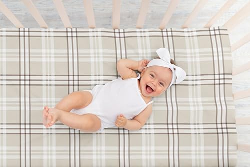 Image of Sweet Jojo Designs Fitted Baby Crib Sheets (Tan Gingham Plaid) for Boys or Girls, Infant Nursery, Toddler Room - Standard Size (Taupe, Checkered, Classic, Tartan, Gender Neutral, Rustic, Farmhouse)