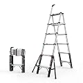 Ladders,Telesladder Telesladder, Folding Step Ladder, Retractable Aluminum Ladder Multi-Position, Adjustable A-Frame Stepladder with Handrails, 330Lbs Capacity/6-Step