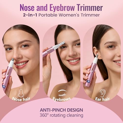 Image of Nose & Ear Hair Trimmer for Women and Men, 2026 Painless USB Rechargeable Facial & Eyebrow Trimmer Clipper with LED Display for Easy Cleansing, Portable Grooming Kit,Gift Box Included (Pink)