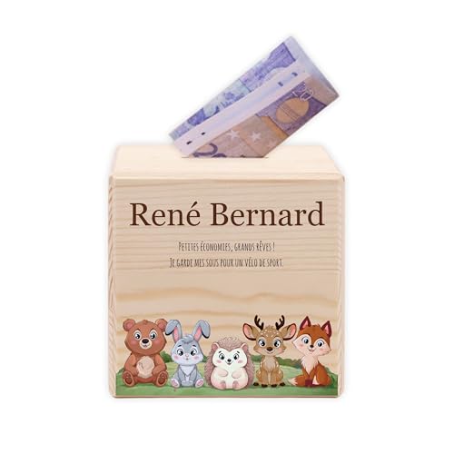 LAUBLUST Tirelire Enfant personnalisée avec prénom | Tirelire en Bois - Cadeau pour Fille & garçon | Cadeau personnalisé pour baptême, Communion, Confirmation, Anniversaire (Animaux de la Forêt)