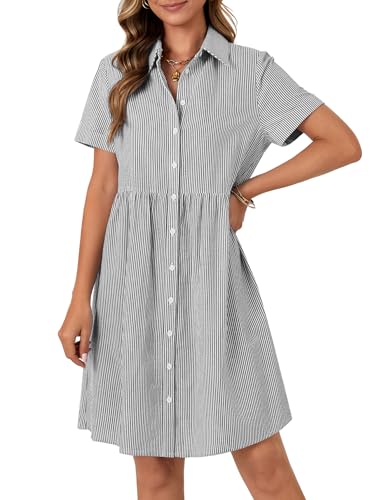 Image of Rooscier Women's Striped Shirt Dress Button Down Collared Short Sleeve Mini Dress