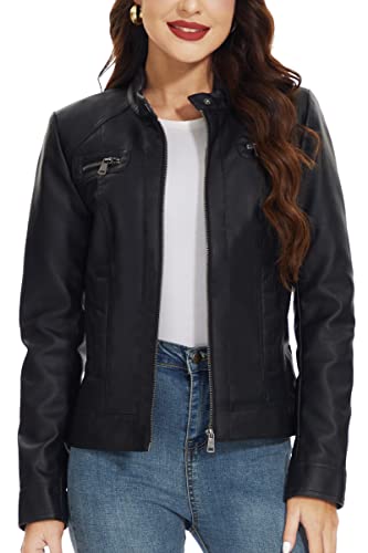 Fahsyee Zip Leather Jackets for Women Motorcycle Faux PU Moto Biker Outwear Coat