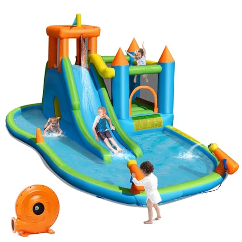 GLACER Kids Inflatable Slide Bouncer, Inflatable Bounce House Castle Jumper w/ 8 Play Areas, Outdoor Blow Up Bouncer for Yard, Garden, Park and Lawn (8 in 1 with 735w Blower)