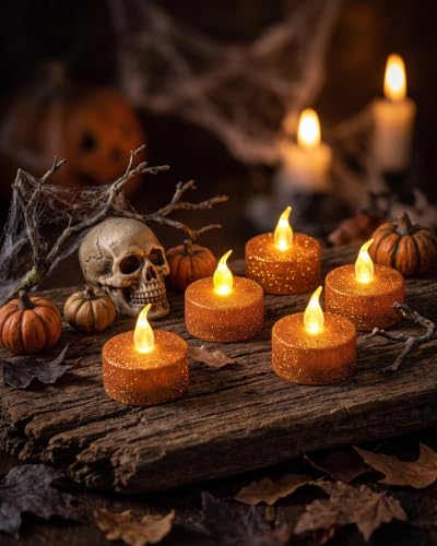 Image of Orange Glitter Tea Lights with Timer,12 Pack | Built-in 6 Hours Timing,Halloween Sparkly Tealights, for Thanksgiving,Wedding Decorations