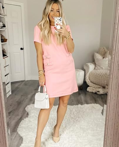 Womens Tweed Jackie Dress Elegant Crew Neck Short Sleeve Button Bodycon Mini Dress4
