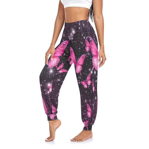 Sarouel Pantalon de yoga ample pour femme Motif papillon Rose Confortable Vêtements de vacances d'été, Joli papillon rose, S