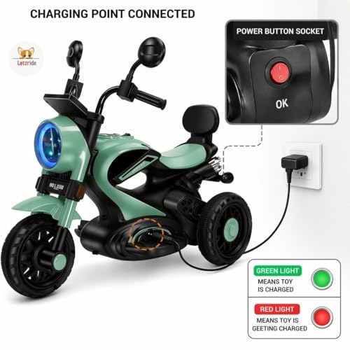Image of Retro Bike for Kids Ride On Battery Operated Motorcycle | Rechargeable Electric Bike with Foot Accelerator, LED Light, Music, 3 Wheels, Stable Ride | Toy for Boys Girls Age 1-3 Years Green
