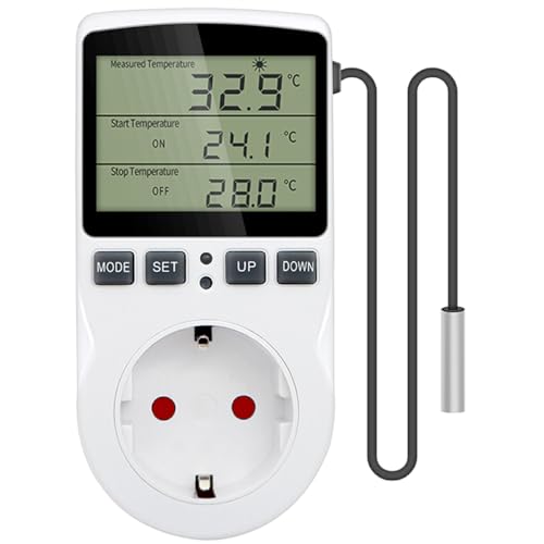 Greluma 1PC Prise de contrôleur de température numérique AC 230V avec sonde de capteur,prise de thermostat de refroidissement de chauffage avec minuterie,interrupteur...