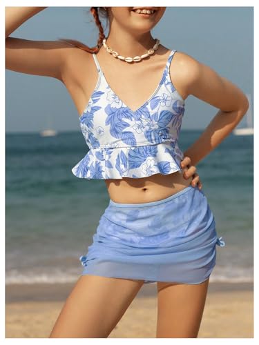 SHENHE Girl's 3 Piece Swimsuits Ruffle Flounce Floral Bathing Suit Bikini with Cover Up Skirt2