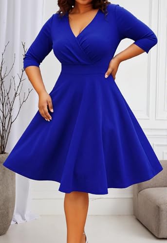 Image of Womens Plus Size Dresses Faux Wrap Summer Dress 3 /4 Sleeves V Neck 1950s Retro Vintage Wedding Party Midi Dress
