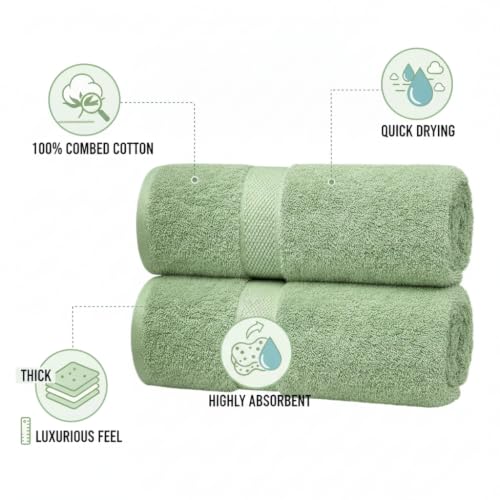 Image of Sulfar 100% Combed Cotton, Quick Drying Highly Absorbent Thick Bathroom Towels, Luxury Bath Towel Set (Pack of 2, 70 X 140 cm) - 600 GSM (Nature Green)