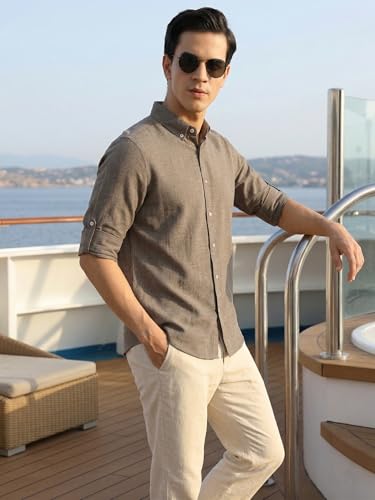 Image of Thomas Scott Men's | Solid | Textured Fabric | Full Sleeve | Slim Fit | Polyester-Blend | Spread Collar | Casual Shirt