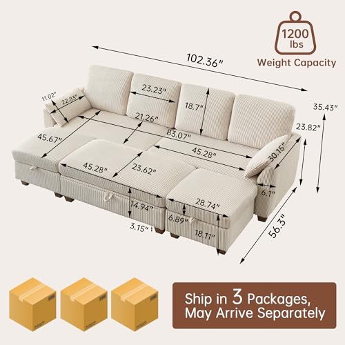 Image of Convertible Sectional Sofa with Storage Ottomans & Coffee Table, Modern Corduroy, U-Shaped Couch with Double Chaise & Storage Long Bench, 4 Seater Sofa Set Couches for Living Room, Beige