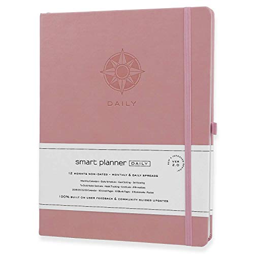 Smart Planner Daily 2021 - Achieve Goals & Increase Productivity, Time Management & Happiness - Daily Weekly Monthly Planner with Gratitude Journal, Hardcover, Undated (Pink)