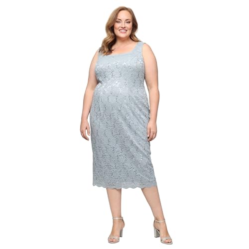 Image of S.L. Fashions Women's Tea Length Sequin Lace Mother of The Bride Dress with Illusion Sleeve Jacket
