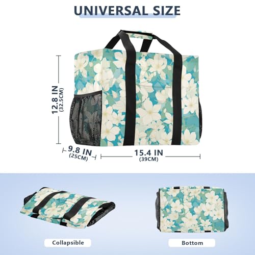 Chic White Clematis Flowers Teal Background Utility Tote Bag Collapsable Tote Bag For Beach Water Resistant Grocery Bags Reusable with Handles Travel Laundry Bags3