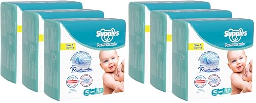 Image of Amazon Brand - Supples Premium Baby Diaper Pants | 66 Baby Diapers | XXXL | 18-35 Kg | 12 Hrs Absorption | Cushiony Cotton Soft Fabric | Phthalates-Free | Triple Leak Guard | 22 Count, Pack of 6