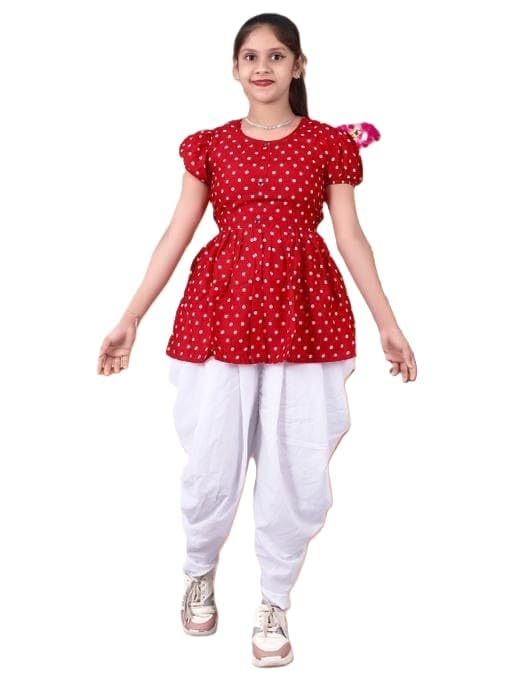 Image of N K Enterprises Kids Printed Short Kurti and Dhoti Pants Set | Festive for Girls