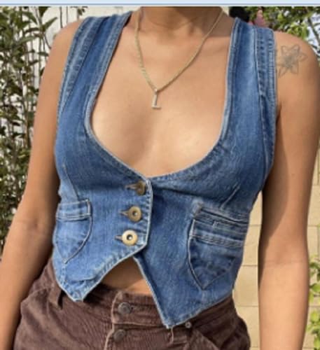 Women Vintage Y2K Denim Vest Sexy V Neck Button Down Cropped Jean Corset Sleeveless Waistcoat Tank Top Streetwear2