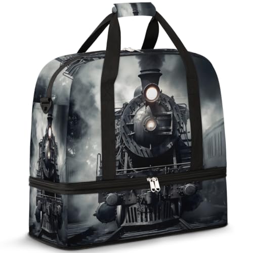 Vintage Steam Locomotive Train Foldable Duffle Bag with Shoes Compartment Large Capacity Waterproof Travel Weekender Bag Overnight Bag for Sports Gym