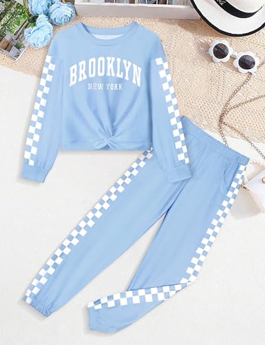 Boiltcat Conjunto de roupas para meninas, 2 peças, moletom com frente torcida e calça de moletom xad